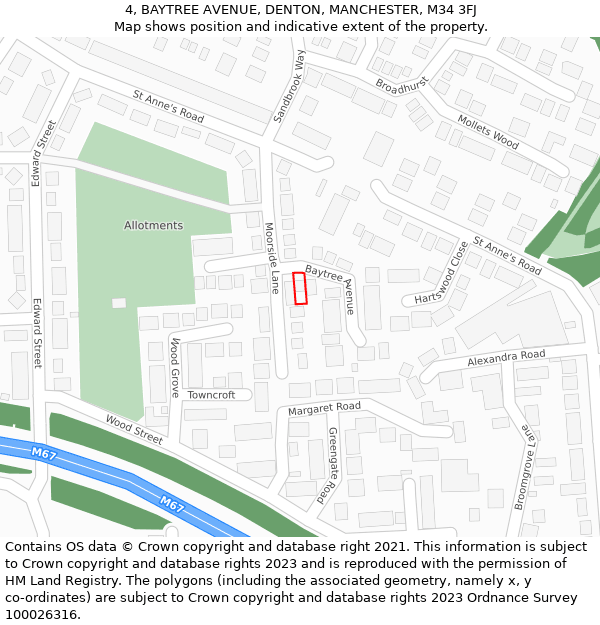 4, BAYTREE AVENUE, DENTON, MANCHESTER, M34 3FJ: Location map and indicative extent of plot