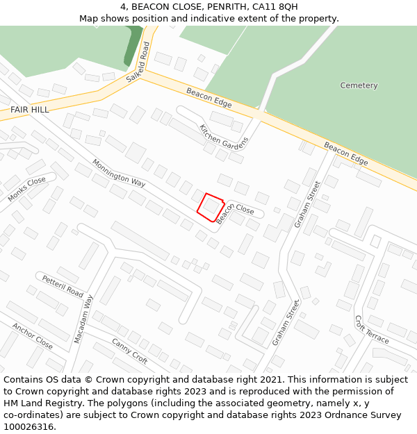 4, BEACON CLOSE, PENRITH, CA11 8QH: Location map and indicative extent of plot