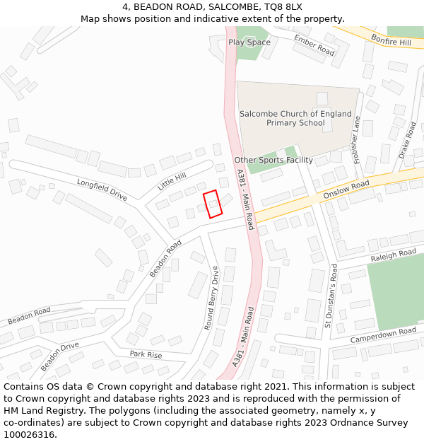 4, BEADON ROAD, SALCOMBE, TQ8 8LX: Location map and indicative extent of plot