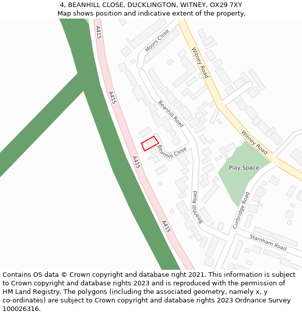4, BEANHILL CLOSE, DUCKLINGTON, WITNEY, OX29 7XY: Location map and indicative extent of plot