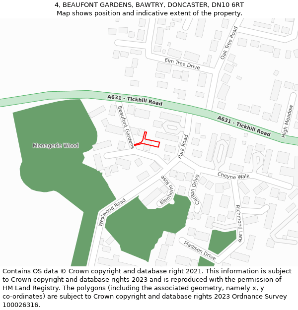 4, BEAUFONT GARDENS, BAWTRY, DONCASTER, DN10 6RT: Location map and indicative extent of plot