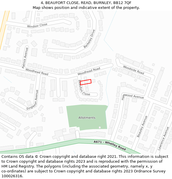 4, BEAUFORT CLOSE, READ, BURNLEY, BB12 7QF: Location map and indicative extent of plot