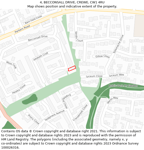 4, BECCONSALL DRIVE, CREWE, CW1 4RU: Location map and indicative extent of plot