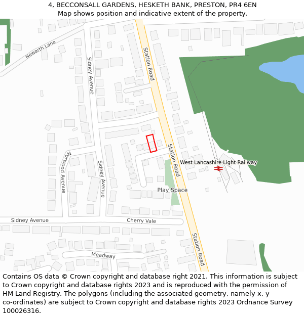 4, BECCONSALL GARDENS, HESKETH BANK, PRESTON, PR4 6EN: Location map and indicative extent of plot