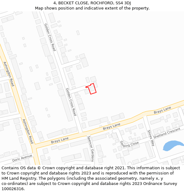 4, BECKET CLOSE, ROCHFORD, SS4 3DJ: Location map and indicative extent of plot