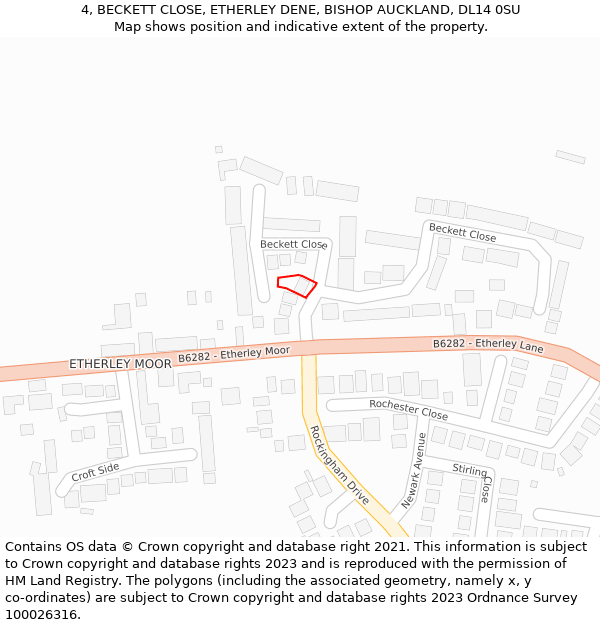 4, BECKETT CLOSE, ETHERLEY DENE, BISHOP AUCKLAND, DL14 0SU: Location map and indicative extent of plot