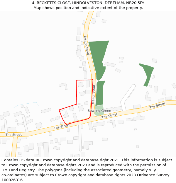 4, BECKETTS CLOSE, HINDOLVESTON, DEREHAM, NR20 5FA: Location map and indicative extent of plot