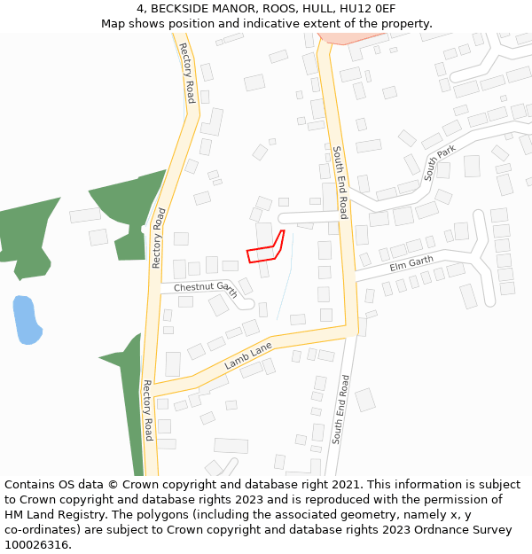 4, BECKSIDE MANOR, ROOS, HULL, HU12 0EF: Location map and indicative extent of plot