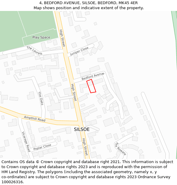 4, BEDFORD AVENUE, SILSOE, BEDFORD, MK45 4ER: Location map and indicative extent of plot