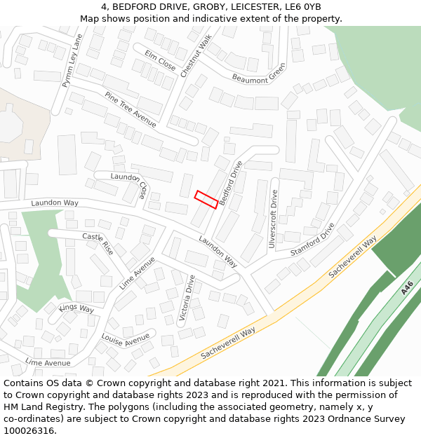 4, BEDFORD DRIVE, GROBY, LEICESTER, LE6 0YB: Location map and indicative extent of plot