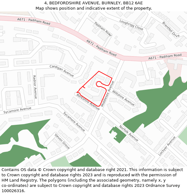 4, BEDFORDSHIRE AVENUE, BURNLEY, BB12 6AE: Location map and indicative extent of plot