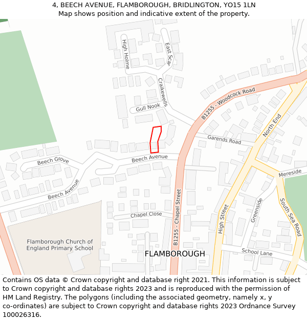 4, BEECH AVENUE, FLAMBOROUGH, BRIDLINGTON, YO15 1LN: Location map and indicative extent of plot