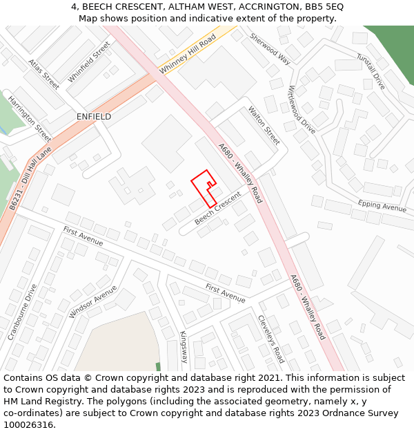 4, BEECH CRESCENT, ALTHAM WEST, ACCRINGTON, BB5 5EQ: Location map and indicative extent of plot