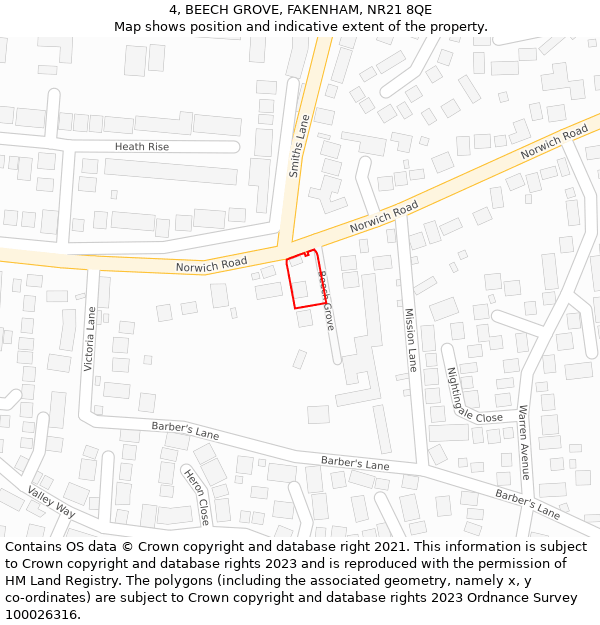 4, BEECH GROVE, FAKENHAM, NR21 8QE: Location map and indicative extent of plot