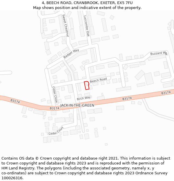 4, BEECH ROAD, CRANBROOK, EXETER, EX5 7FU: Location map and indicative extent of plot