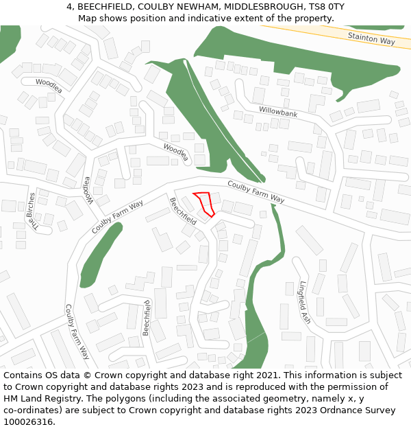 4, BEECHFIELD, COULBY NEWHAM, MIDDLESBROUGH, TS8 0TY: Location map and indicative extent of plot