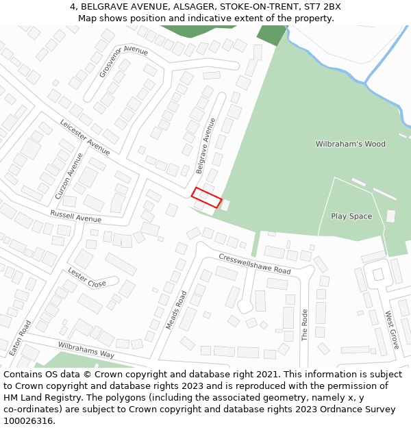 4, BELGRAVE AVENUE, ALSAGER, STOKE-ON-TRENT, ST7 2BX: Location map and indicative extent of plot