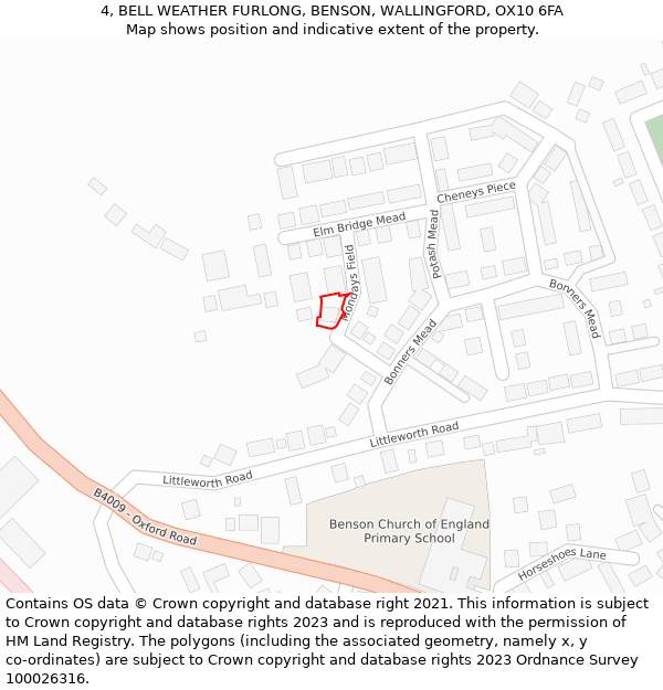 4, BELL WEATHER FURLONG, BENSON, WALLINGFORD, OX10 6FA: Location map and indicative extent of plot