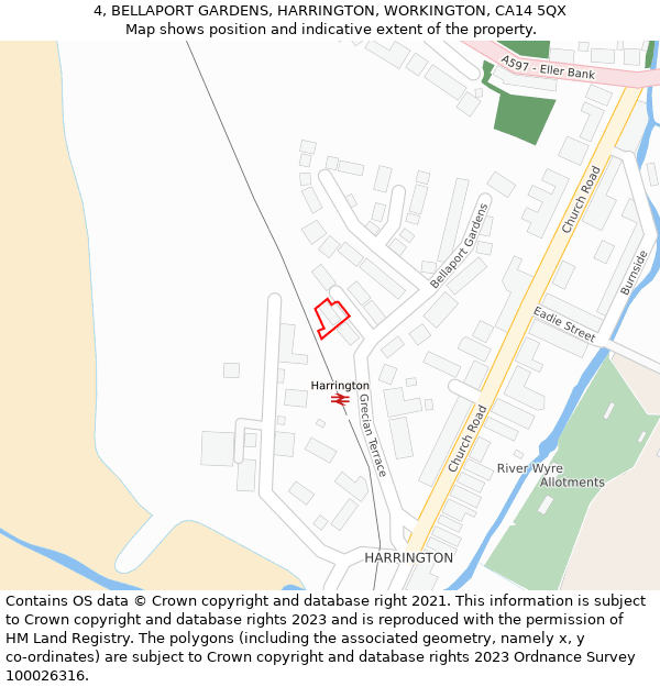 4, BELLAPORT GARDENS, HARRINGTON, WORKINGTON, CA14 5QX: Location map and indicative extent of plot