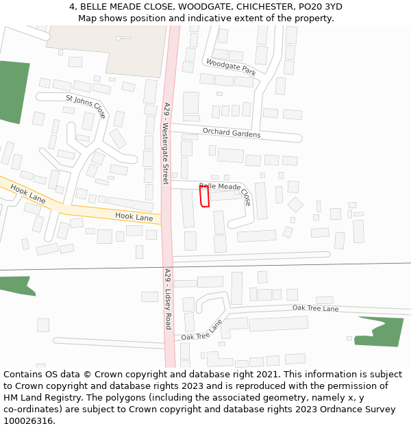 4, BELLE MEADE CLOSE, WOODGATE, CHICHESTER, PO20 3YD: Location map and indicative extent of plot