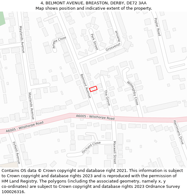 4, BELMONT AVENUE, BREASTON, DERBY, DE72 3AA: Location map and indicative extent of plot