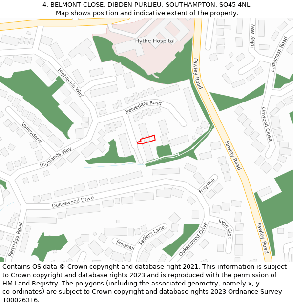 4, BELMONT CLOSE, DIBDEN PURLIEU, SOUTHAMPTON, SO45 4NL: Location map and indicative extent of plot