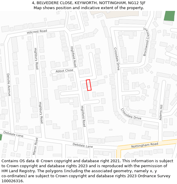 4, BELVEDERE CLOSE, KEYWORTH, NOTTINGHAM, NG12 5JF: Location map and indicative extent of plot