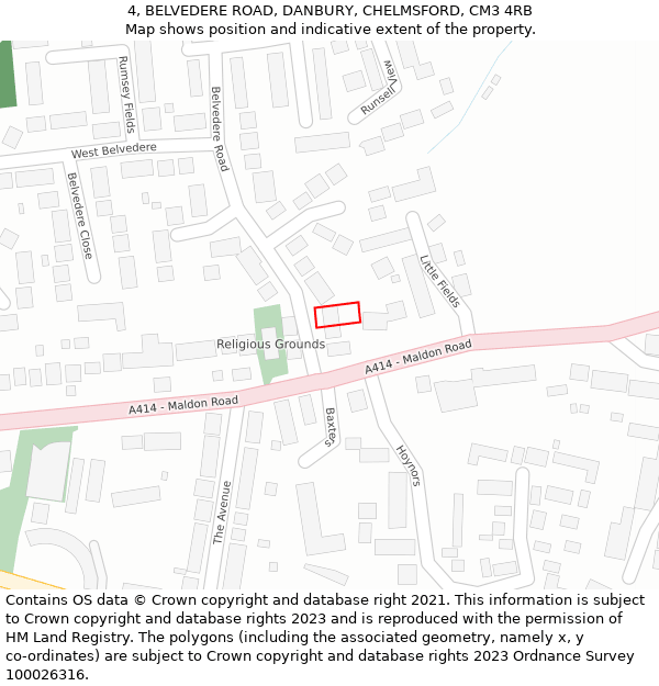 4, BELVEDERE ROAD, DANBURY, CHELMSFORD, CM3 4RB: Location map and indicative extent of plot