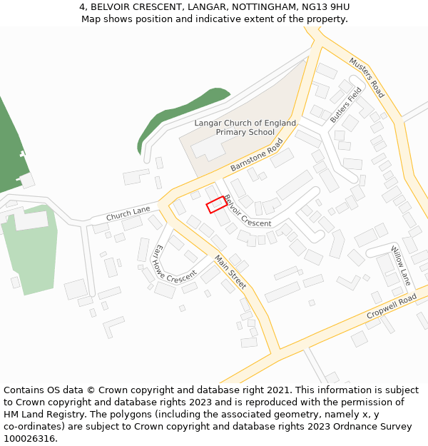 4, BELVOIR CRESCENT, LANGAR, NOTTINGHAM, NG13 9HU: Location map and indicative extent of plot