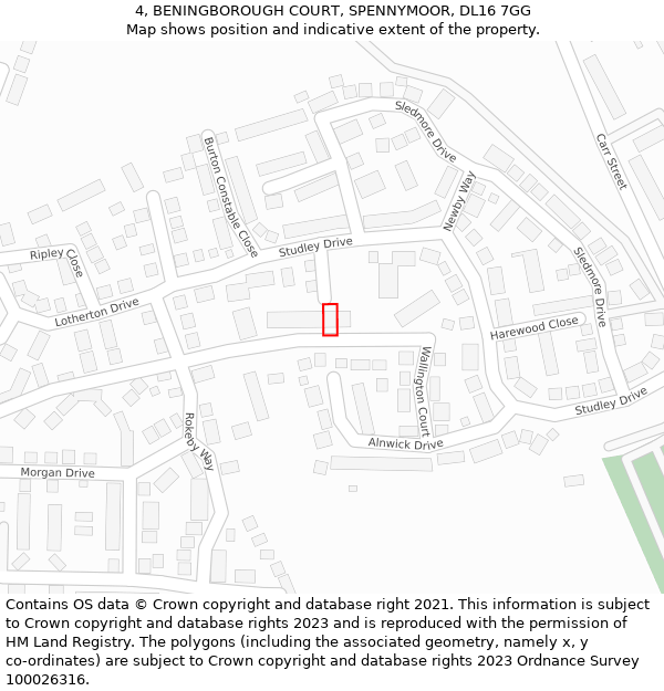 4, BENINGBOROUGH COURT, SPENNYMOOR, DL16 7GG: Location map and indicative extent of plot