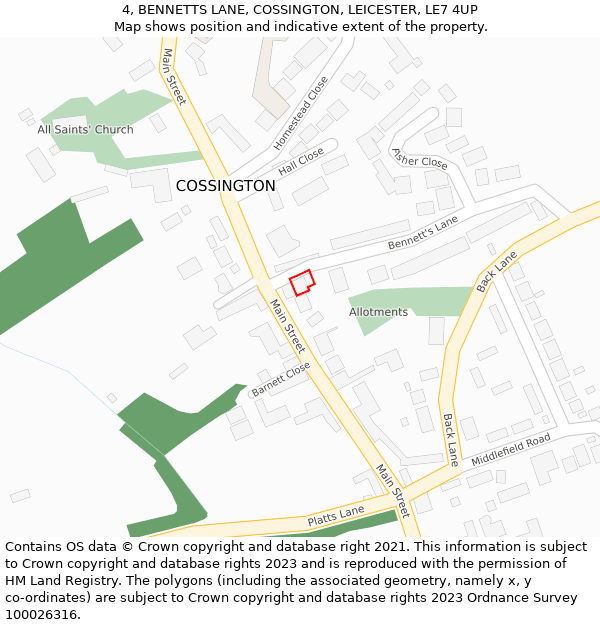 4, BENNETTS LANE, COSSINGTON, LEICESTER, LE7 4UP: Location map and indicative extent of plot
