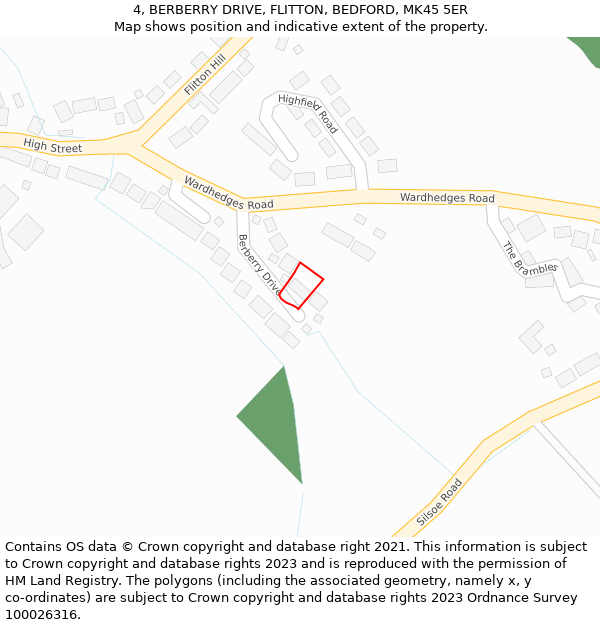 4, BERBERRY DRIVE, FLITTON, BEDFORD, MK45 5ER: Location map and indicative extent of plot