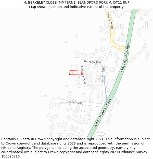 4, BERKELEY CLOSE, PIMPERNE, BLANDFORD FORUM, DT11 8UF: Location map and indicative extent of plot