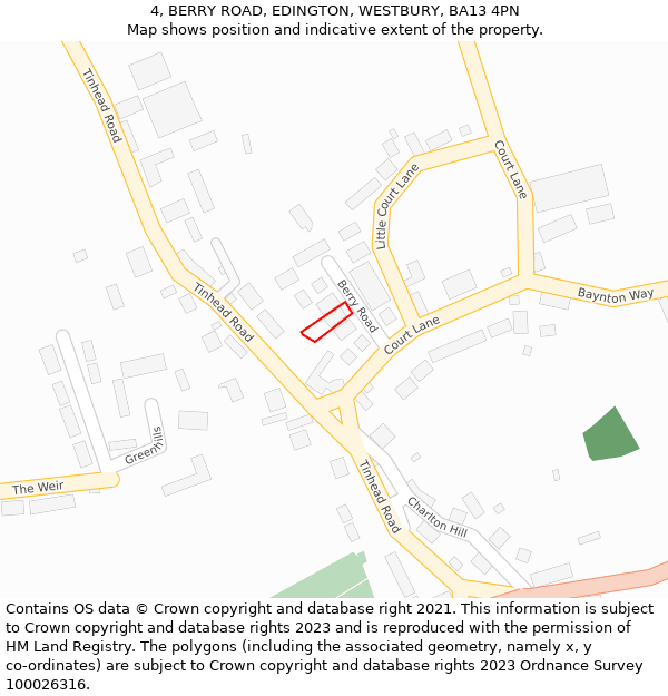 4, BERRY ROAD, EDINGTON, WESTBURY, BA13 4PN: Location map and indicative extent of plot