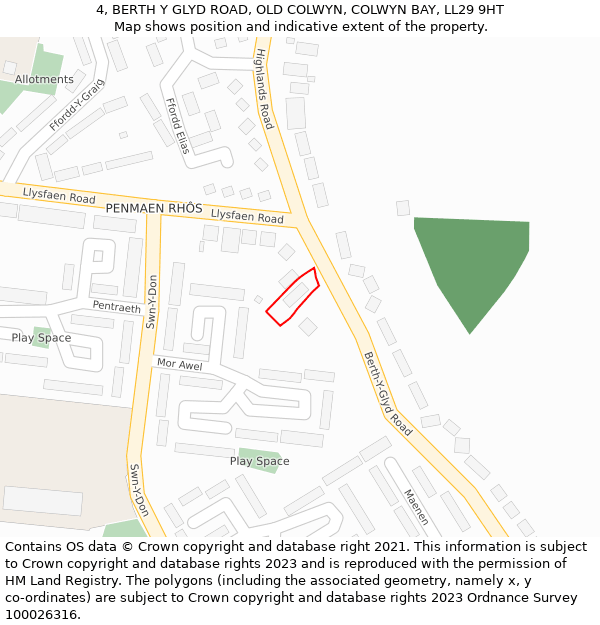 4, BERTH Y GLYD ROAD, OLD COLWYN, COLWYN BAY, LL29 9HT: Location map and indicative extent of plot