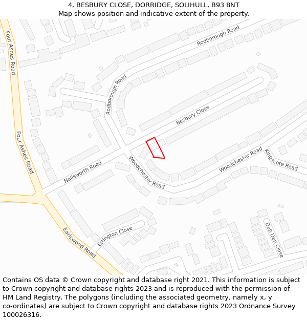 4, BESBURY CLOSE, DORRIDGE, SOLIHULL, B93 8NT: Location map and indicative extent of plot