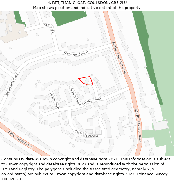 4, BETJEMAN CLOSE, COULSDON, CR5 2LU: Location map and indicative extent of plot