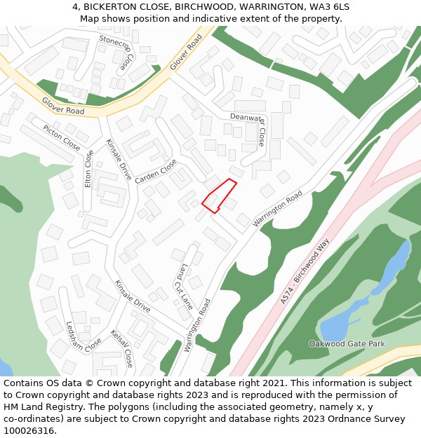 4, BICKERTON CLOSE, BIRCHWOOD, WARRINGTON, WA3 6LS: Location map and indicative extent of plot