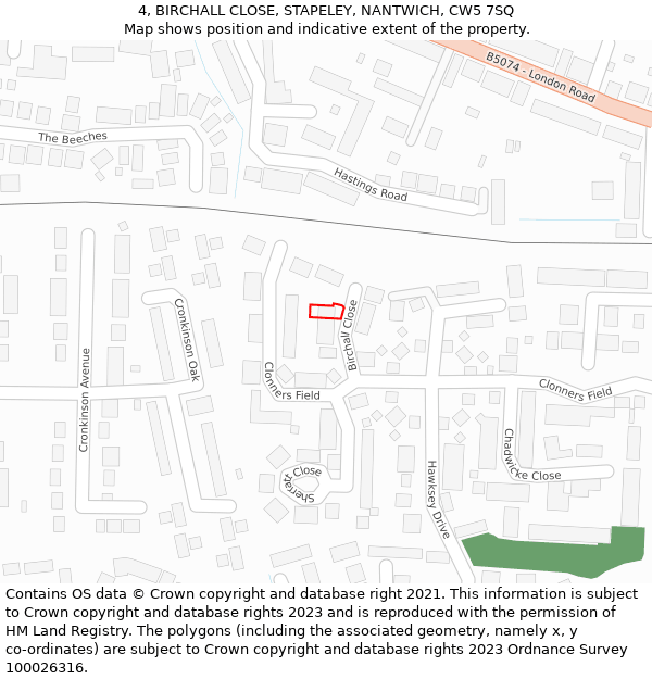 4, BIRCHALL CLOSE, STAPELEY, NANTWICH, CW5 7SQ: Location map and indicative extent of plot