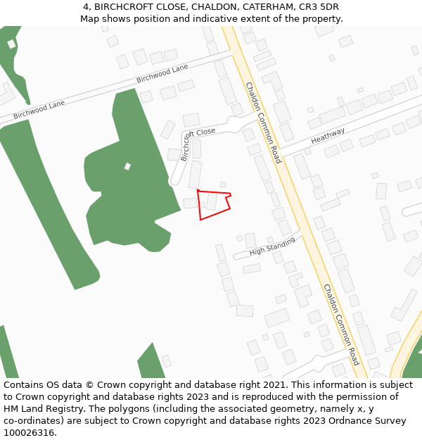 4, BIRCHCROFT CLOSE, CHALDON, CATERHAM, CR3 5DR: Location map and indicative extent of plot