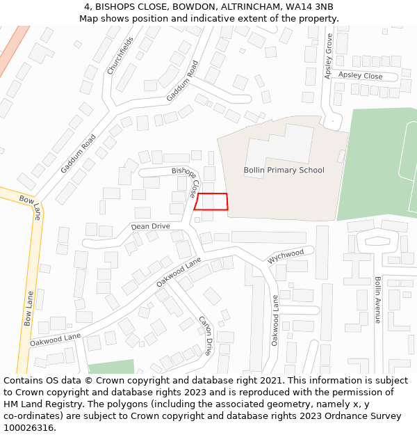 4, BISHOPS CLOSE, BOWDON, ALTRINCHAM, WA14 3NB: Location map and indicative extent of plot