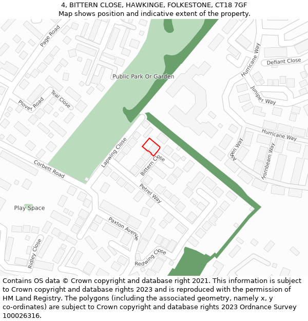 4, BITTERN CLOSE, HAWKINGE, FOLKESTONE, CT18 7GF: Location map and indicative extent of plot