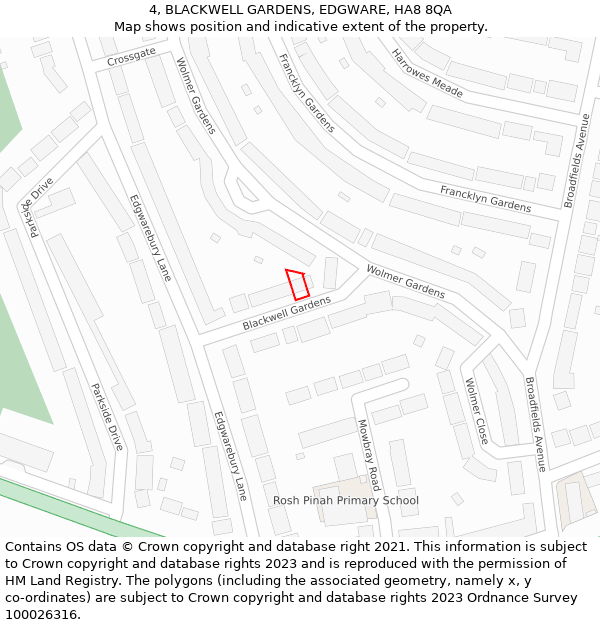 4, BLACKWELL GARDENS, EDGWARE, HA8 8QA: Location map and indicative extent of plot
