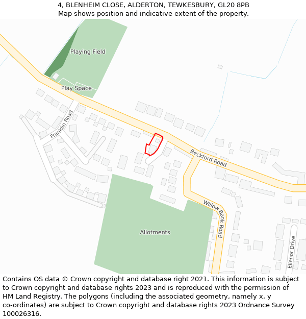 4, BLENHEIM CLOSE, ALDERTON, TEWKESBURY, GL20 8PB: Location map and indicative extent of plot