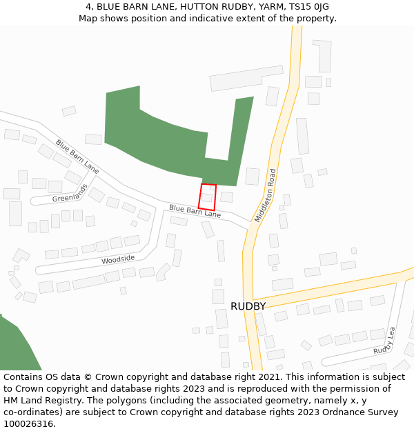 4, BLUE BARN LANE, HUTTON RUDBY, YARM, TS15 0JG: Location map and indicative extent of plot