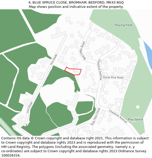 4, BLUE SPRUCE CLOSE, BROMHAM, BEDFORD, MK43 8GQ: Location map and indicative extent of plot