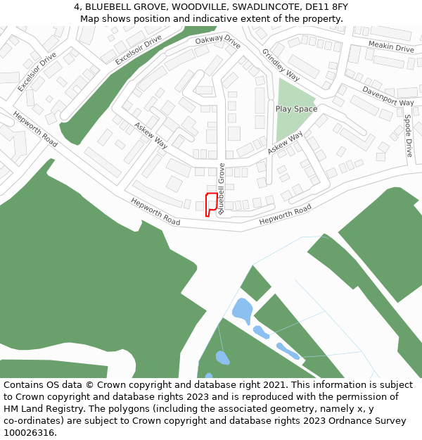 4, BLUEBELL GROVE, WOODVILLE, SWADLINCOTE, DE11 8FY: Location map and indicative extent of plot