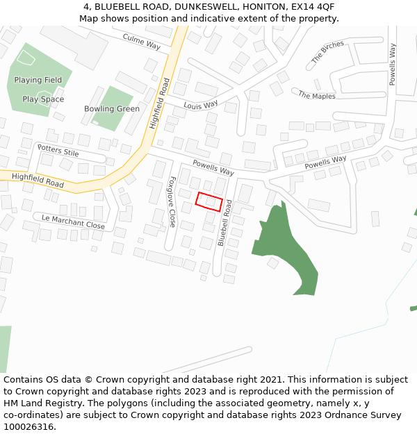 4, BLUEBELL ROAD, DUNKESWELL, HONITON, EX14 4QF: Location map and indicative extent of plot