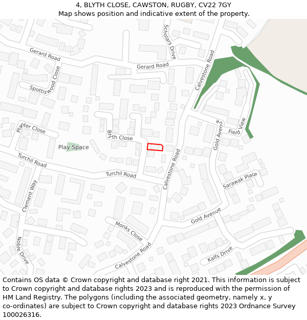 4, BLYTH CLOSE, CAWSTON, RUGBY, CV22 7GY: Location map and indicative extent of plot