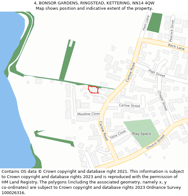 4, BONSOR GARDENS, RINGSTEAD, KETTERING, NN14 4QW: Location map and indicative extent of plot